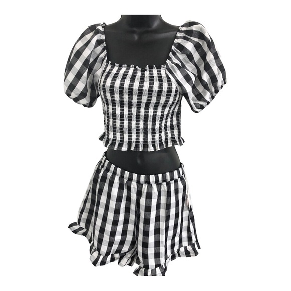 2pc black white checkered gingham ruffle hem smocked top printed shorts set sz S - Picture 3 of 12